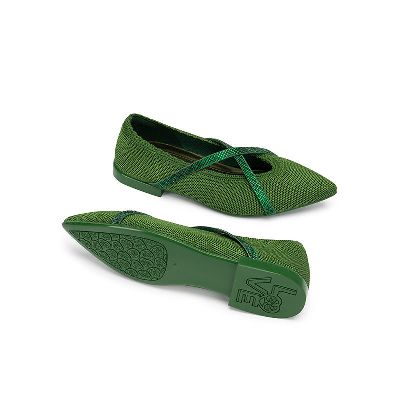 Rhinestone Cross Strap Pointed Toe Knit Flats – Elegant Ballet Flats