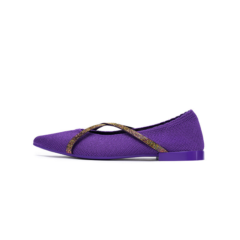 Rhinestone Cross Strap Pointed Toe Knit Flats – Elegant Ballet Flats