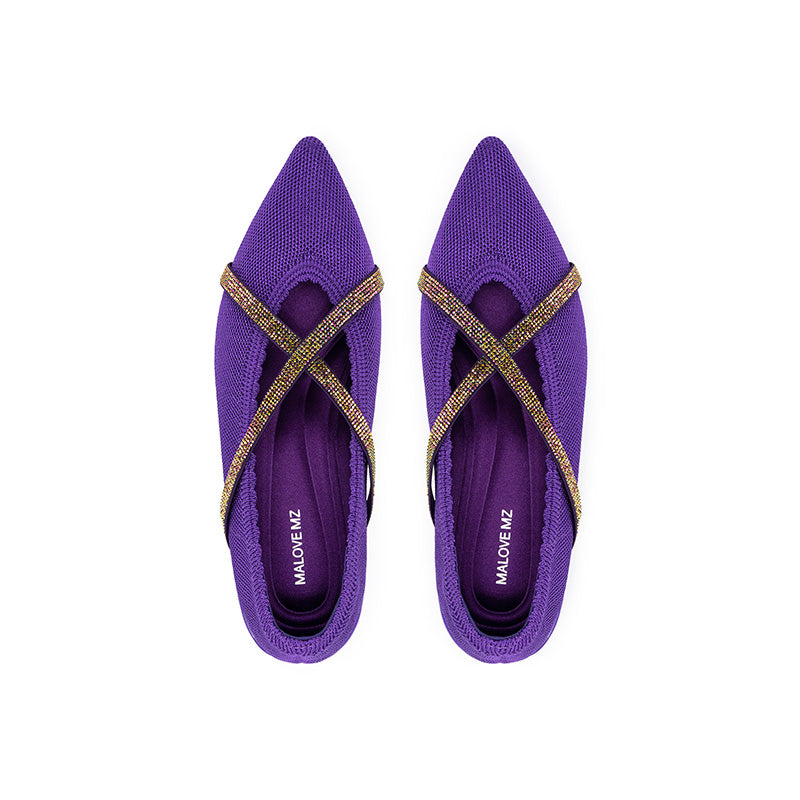 Rhinestone Cross Strap Pointed Toe Knit Flats – Elegant Ballet Flats