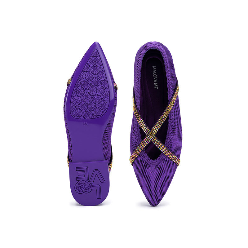 Rhinestone Cross Strap Pointed Toe Knit Flats – Elegant Ballet Flats