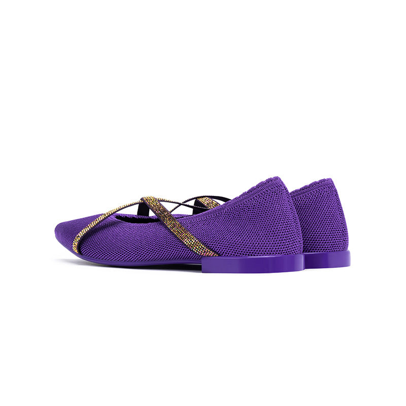 Rhinestone Cross Strap Pointed Toe Knit Flats – Elegant Ballet Flats