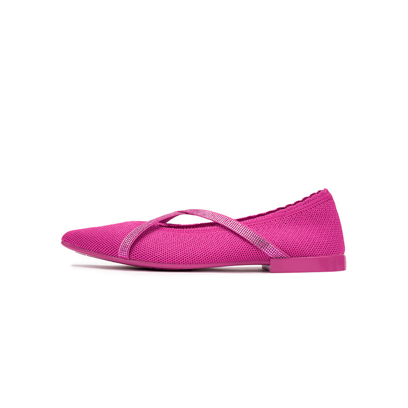 Rhinestone Cross Strap Pointed Toe Knit Flats – Elegant Ballet Flats