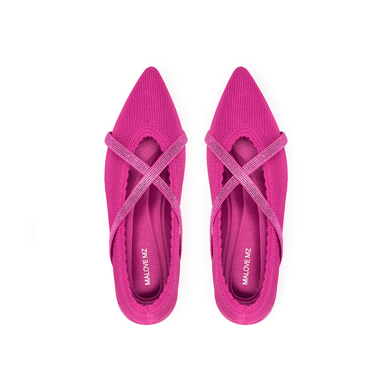 Rhinestone Cross Strap Pointed Toe Knit Flats – Elegant Ballet Flats