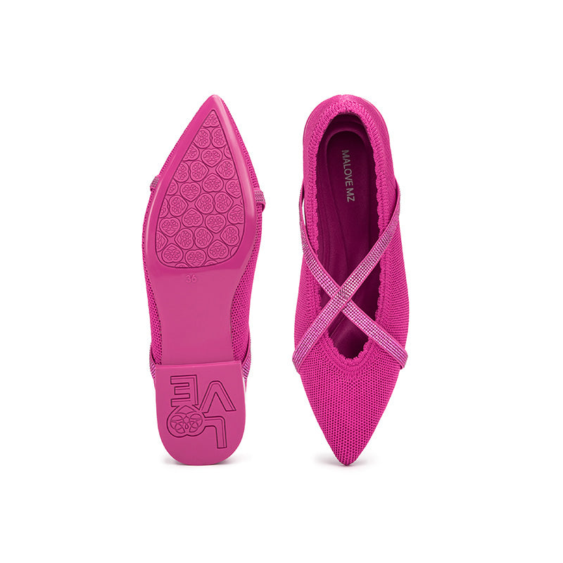 Rhinestone Cross Strap Pointed Toe Knit Flats – Elegant Ballet Flats