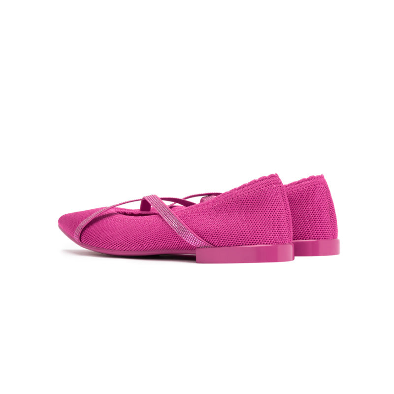 Rhinestone Cross Strap Pointed Toe Knit Flats – Elegant Ballet Flats