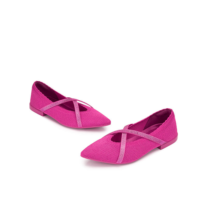 Rhinestone Cross Strap Pointed Toe Knit Flats – Elegant Ballet Flats