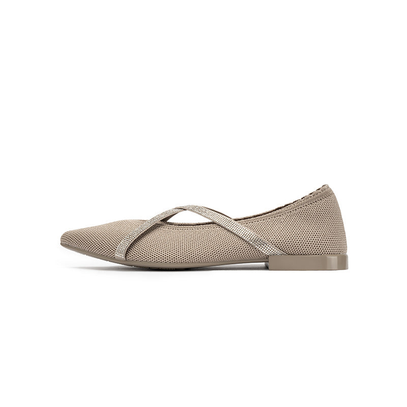 Rhinestone Cross Strap Pointed Toe Knit Flats – Elegant Ballet Flats
