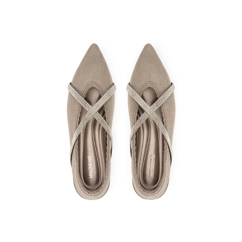 Rhinestone Cross Strap Pointed Toe Knit Flats – Elegant Ballet Flats