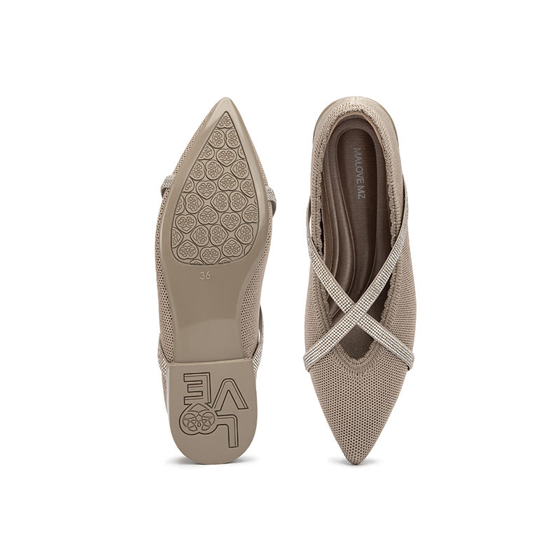 Rhinestone Cross Strap Pointed Toe Knit Flats – Elegant Ballet Flats