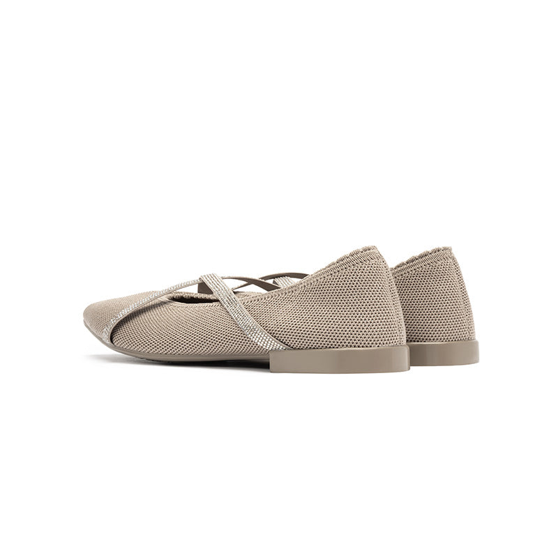 Rhinestone Cross Strap Pointed Toe Knit Flats – Elegant Ballet Flats