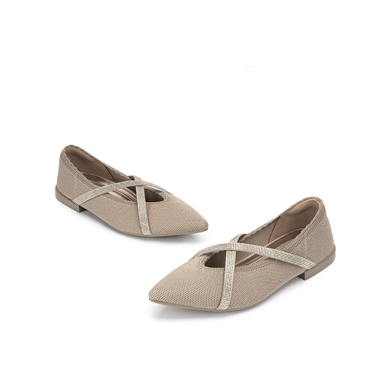 Rhinestone Cross Strap Pointed Toe Knit Flats – Elegant Ballet Flats