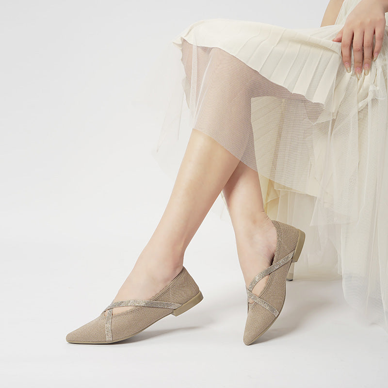 Rhinestone Cross Strap Pointed Toe Knit Flats – Elegant Ballet Flats