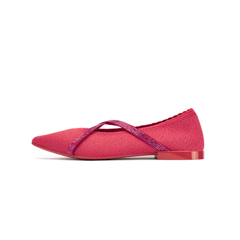 Rhinestone Cross Strap Pointed Toe Knit Flats – Elegant Ballet Flats
