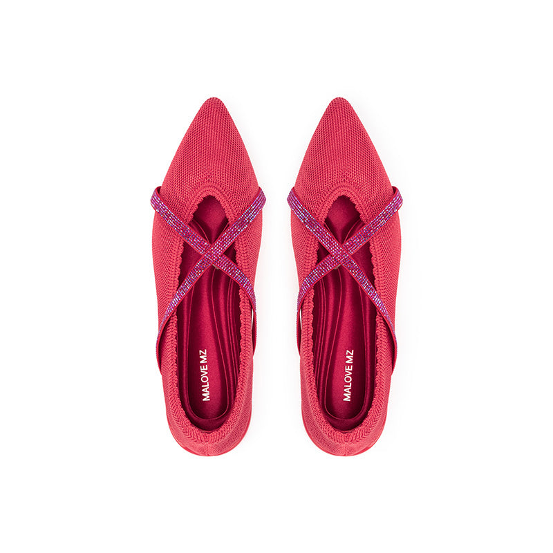 Rhinestone Cross Strap Pointed Toe Knit Flats – Elegant Ballet Flats