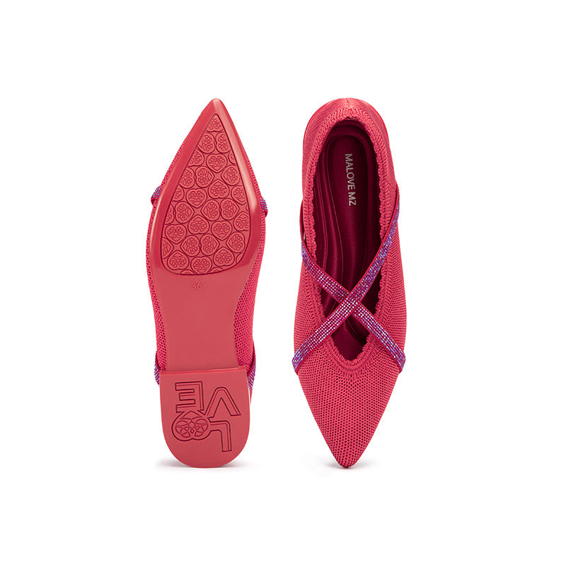 Rhinestone Cross Strap Pointed Toe Knit Flats – Elegant Ballet Flats
