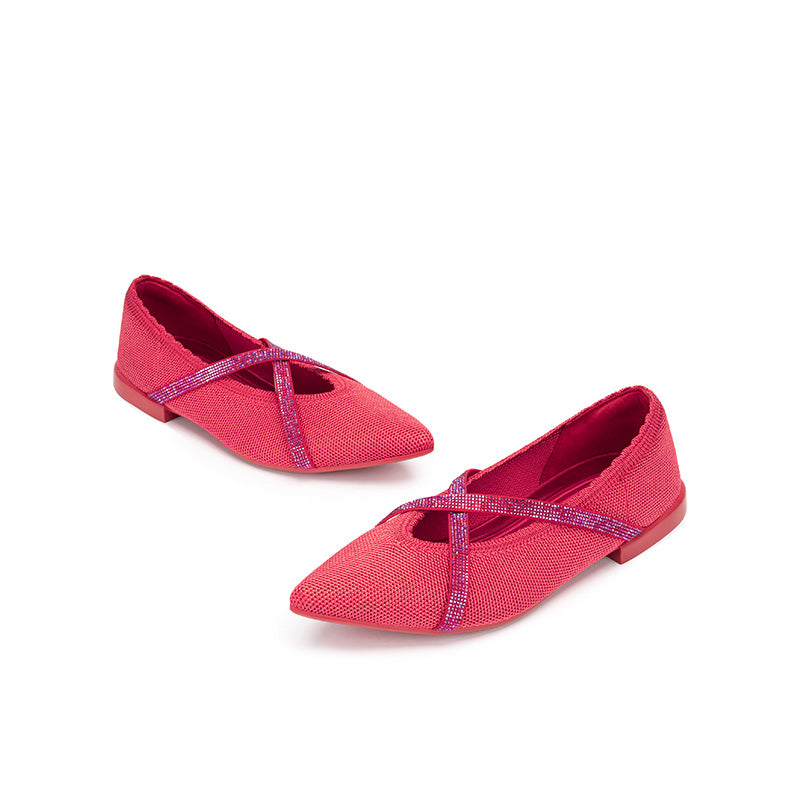 Rhinestone Cross Strap Pointed Toe Knit Flats – Elegant Ballet Flats