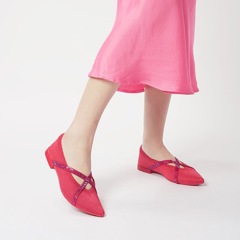 Rhinestone Cross Strap Pointed Toe Knit Flats – Elegant Ballet Flats