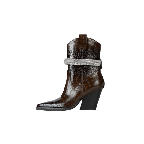 Rhinestone Embellished Croc Embossed Western Mid Calf Boots