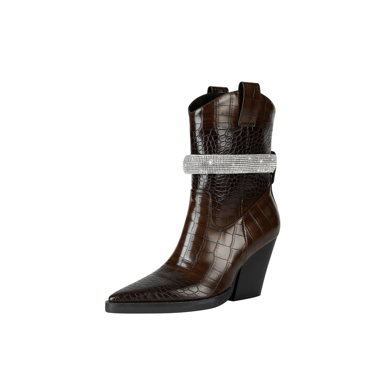 Rhinestone Embellished Croc Embossed Western Mid Calf Boots