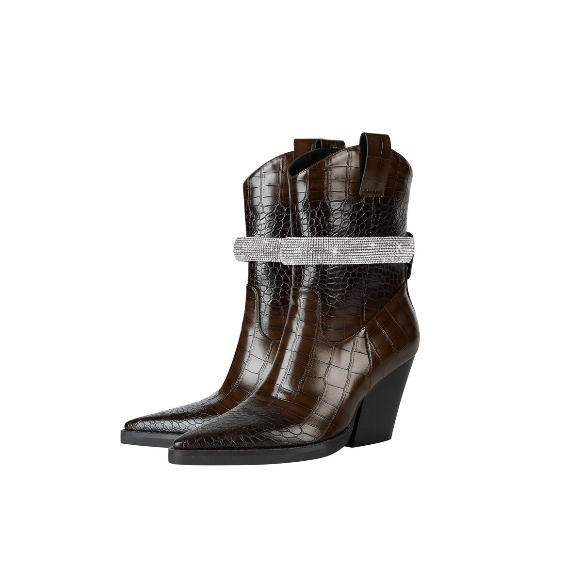 Rhinestone Embellished Croc Embossed Western Mid Calf Boots