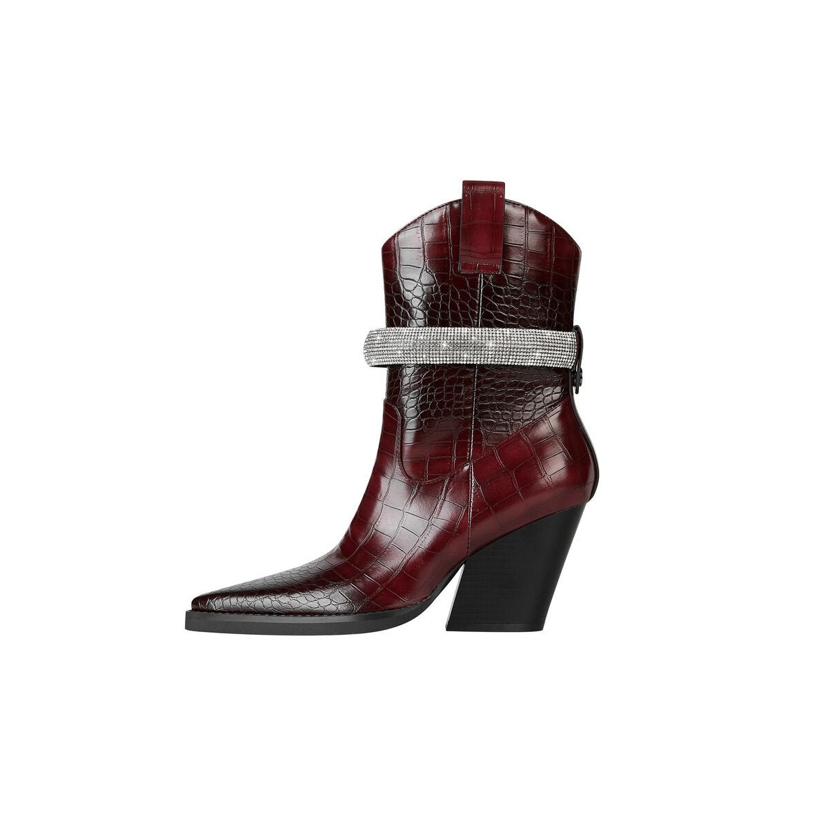 Rhinestone Embellished Croc Embossed Western Mid Calf Boots