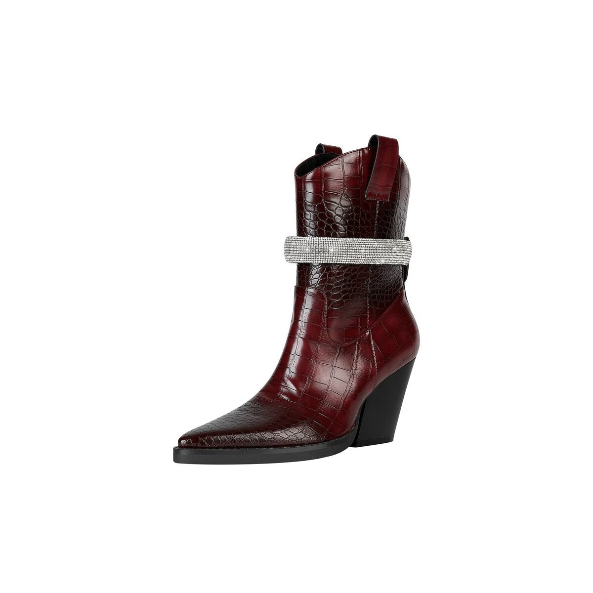 Rhinestone Embellished Croc Embossed Western Mid Calf Boots