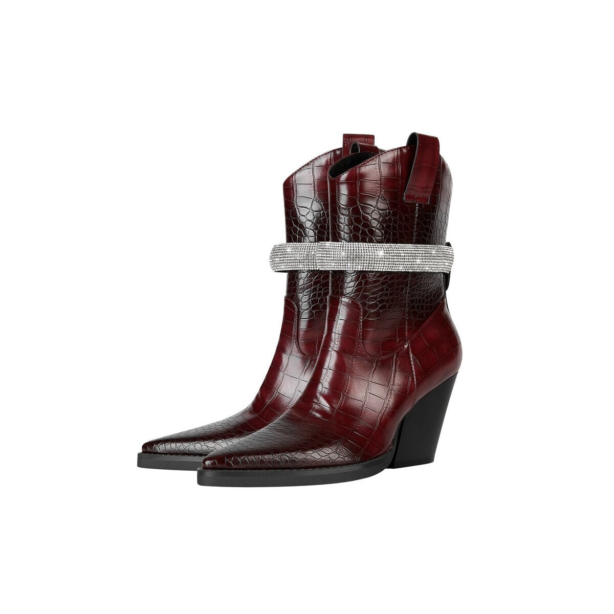Rhinestone Embellished Croc Embossed Western Mid Calf Boots