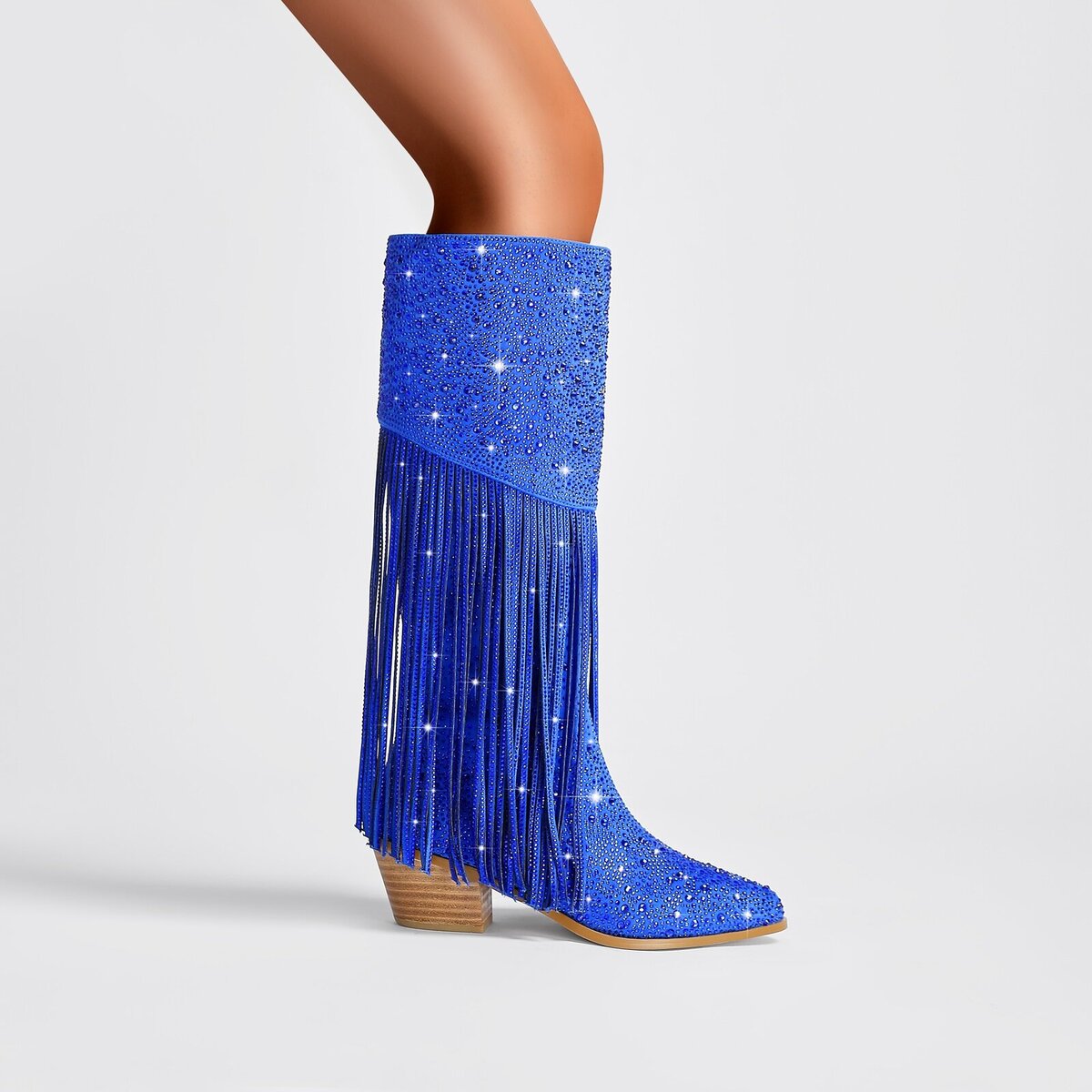 Rhinestone Embellished Fringe Knee High Cowboy Boots