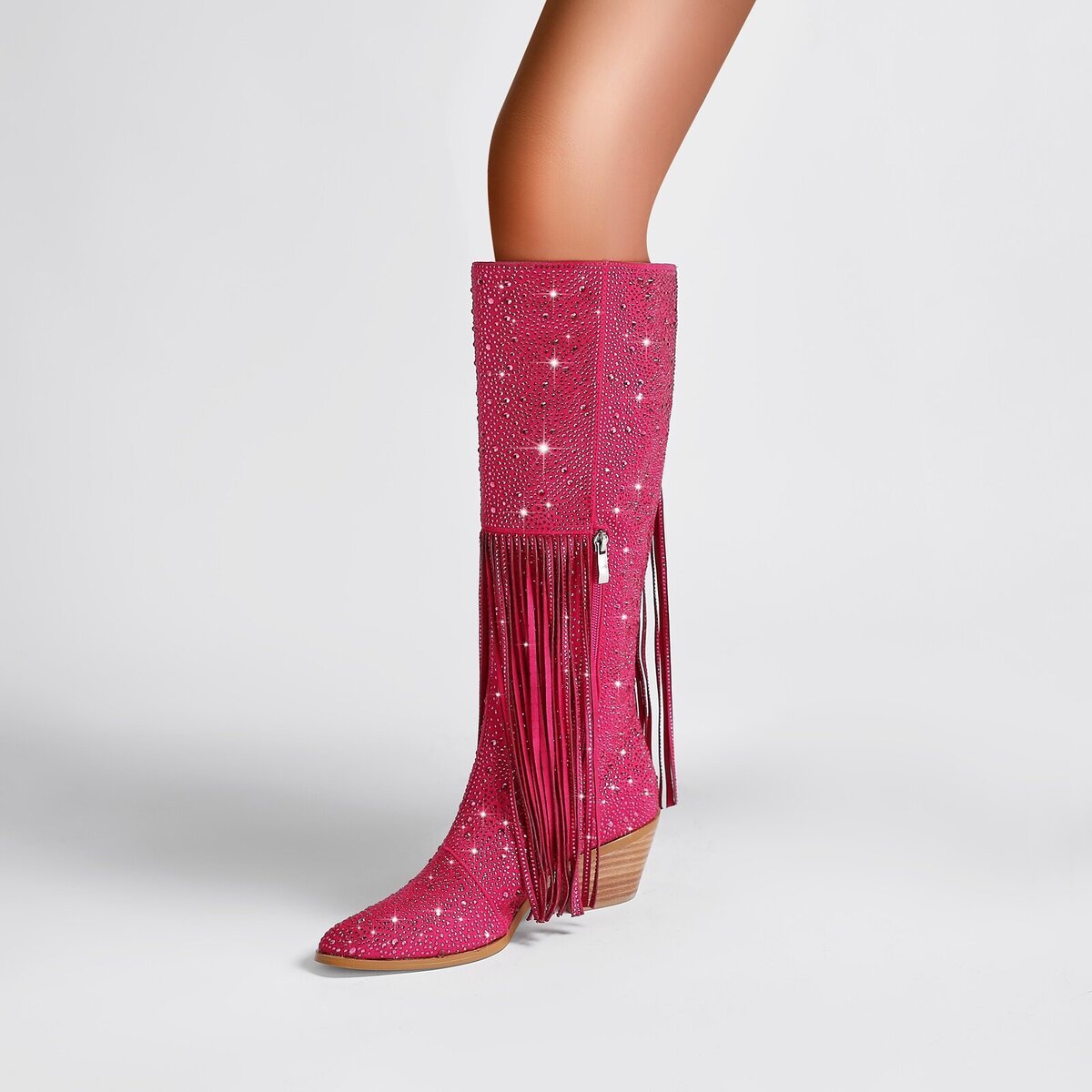 Rhinestone Embellished Fringe Knee High Cowboy Boots