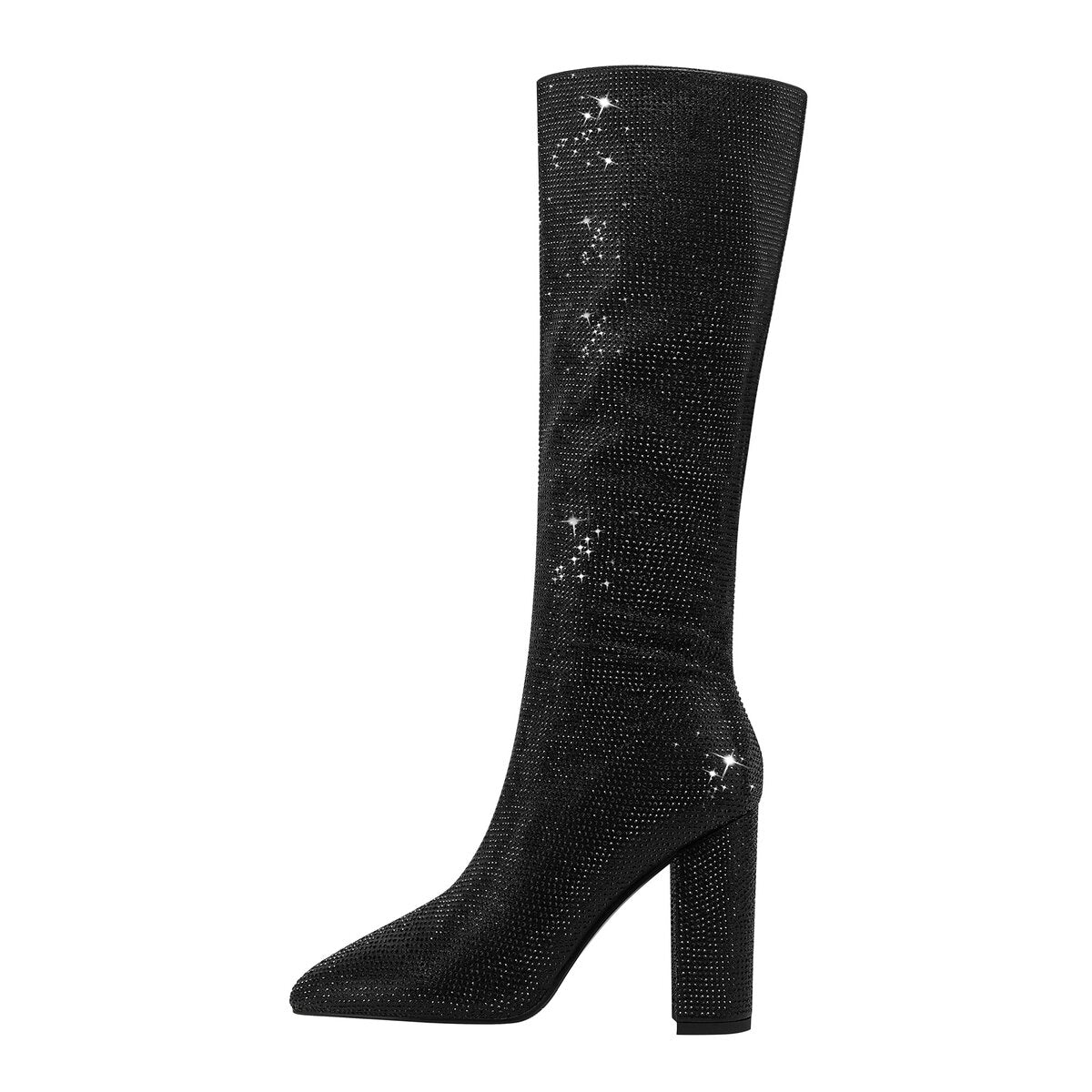 Rhinestone Embellished Pointed Toe Knee High Boots with Block Heel