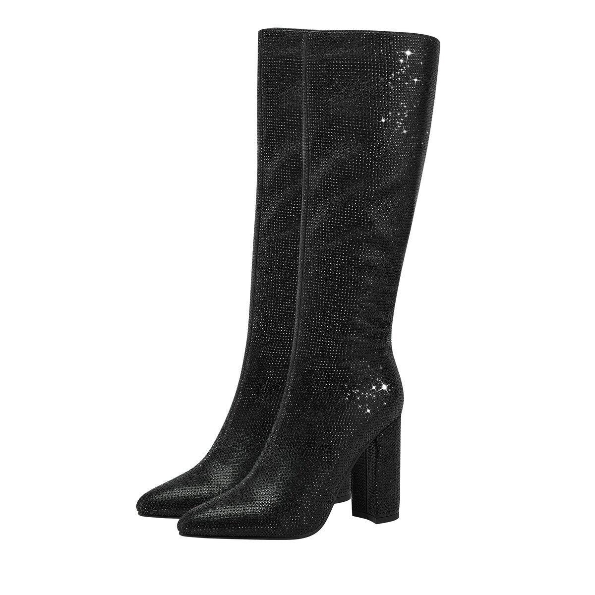 Rhinestone Embellished Pointed Toe Knee High Boots with Block Heel