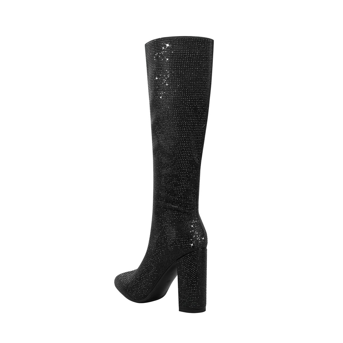 Rhinestone Embellished Pointed Toe Knee High Boots with Block Heel
