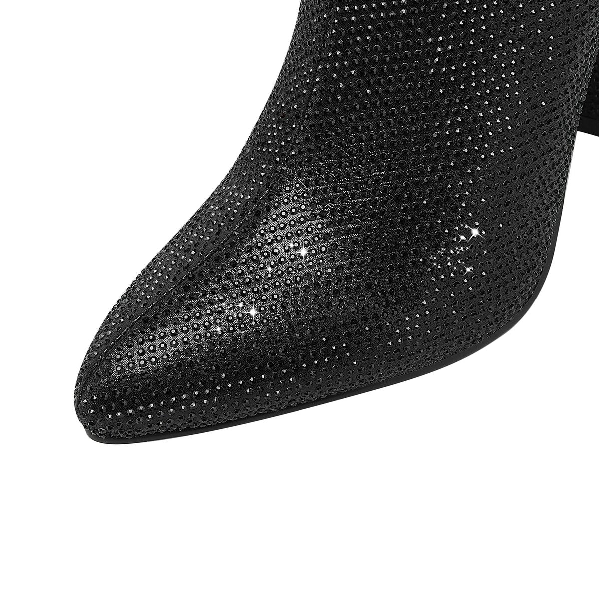 Rhinestone Embellished Pointed Toe Knee High Boots with Block Heel