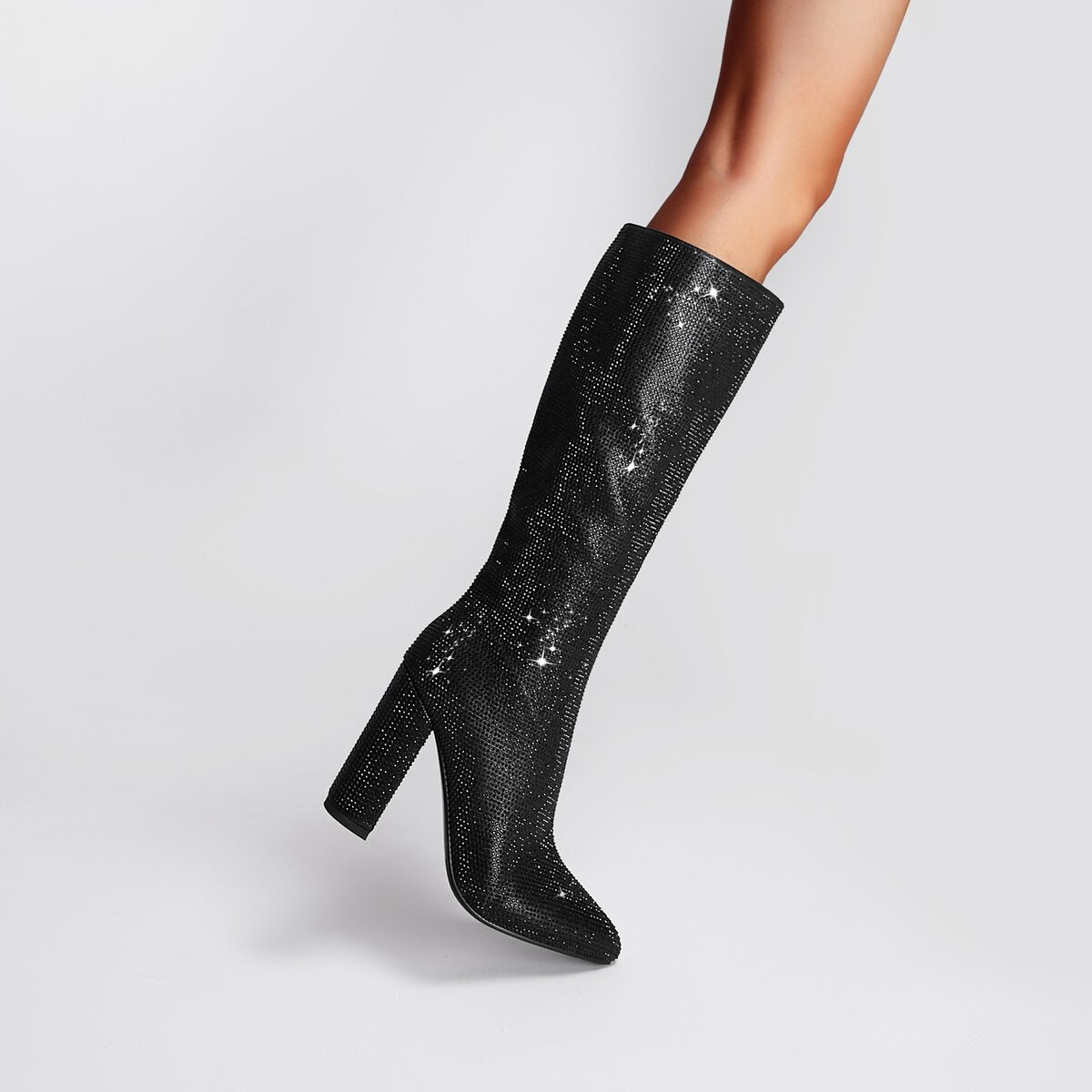 Rhinestone Embellished Pointed Toe Knee High Boots with Block Heel
