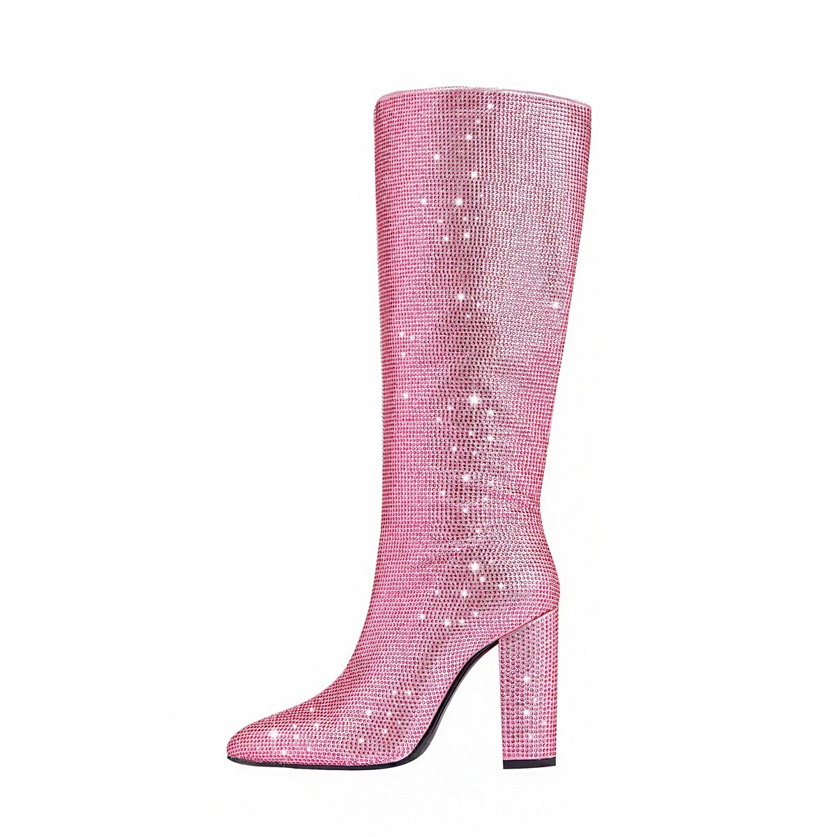 Rhinestone Embellished Pointed Toe Knee High Boots with Block Heel
