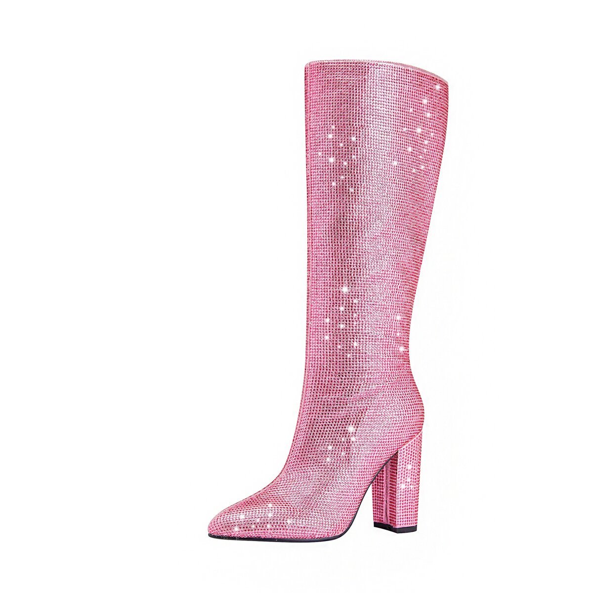 Rhinestone Embellished Pointed Toe Knee High Boots with Block Heel