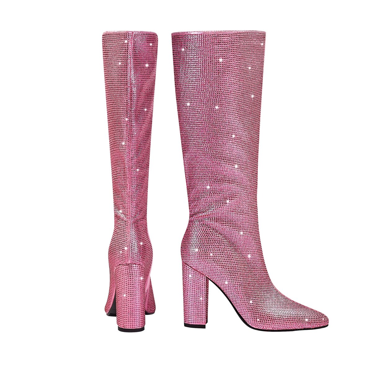 Rhinestone Embellished Pointed Toe Knee High Boots with Block Heel