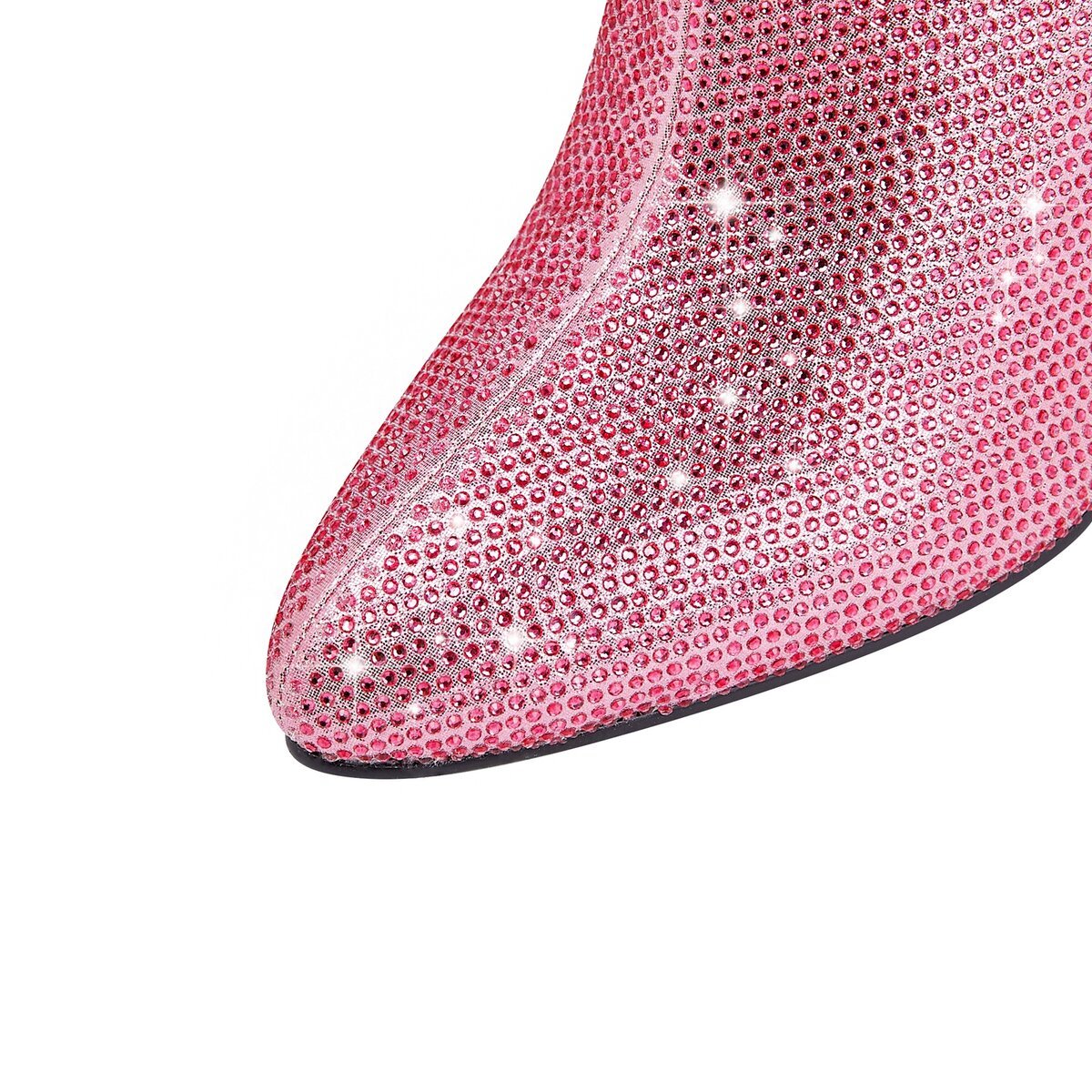 Rhinestone Embellished Pointed Toe Knee High Boots with Block Heel