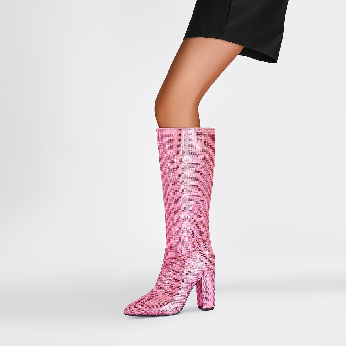 Rhinestone Embellished Pointed Toe Knee High Boots with Block Heel