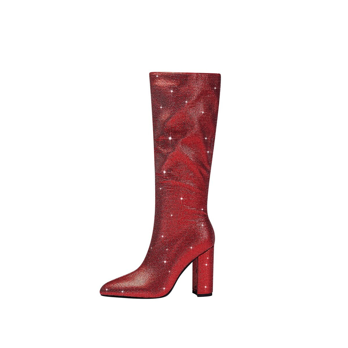 Rhinestone Embellished Pointed Toe Knee High Boots with Block Heel