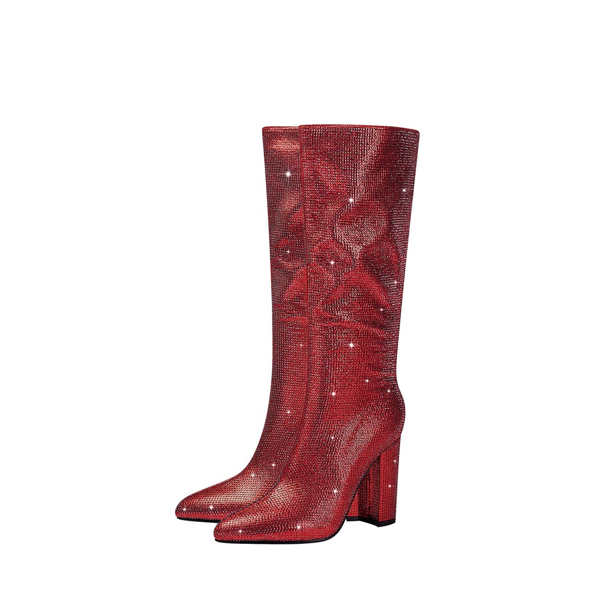 Rhinestone Embellished Pointed Toe Knee High Boots with Block Heel