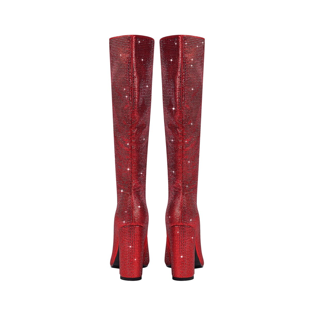 Rhinestone Embellished Pointed Toe Knee High Boots with Block Heel