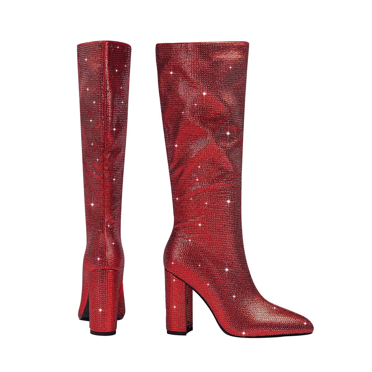 Rhinestone Embellished Pointed Toe Knee High Boots with Block Heel