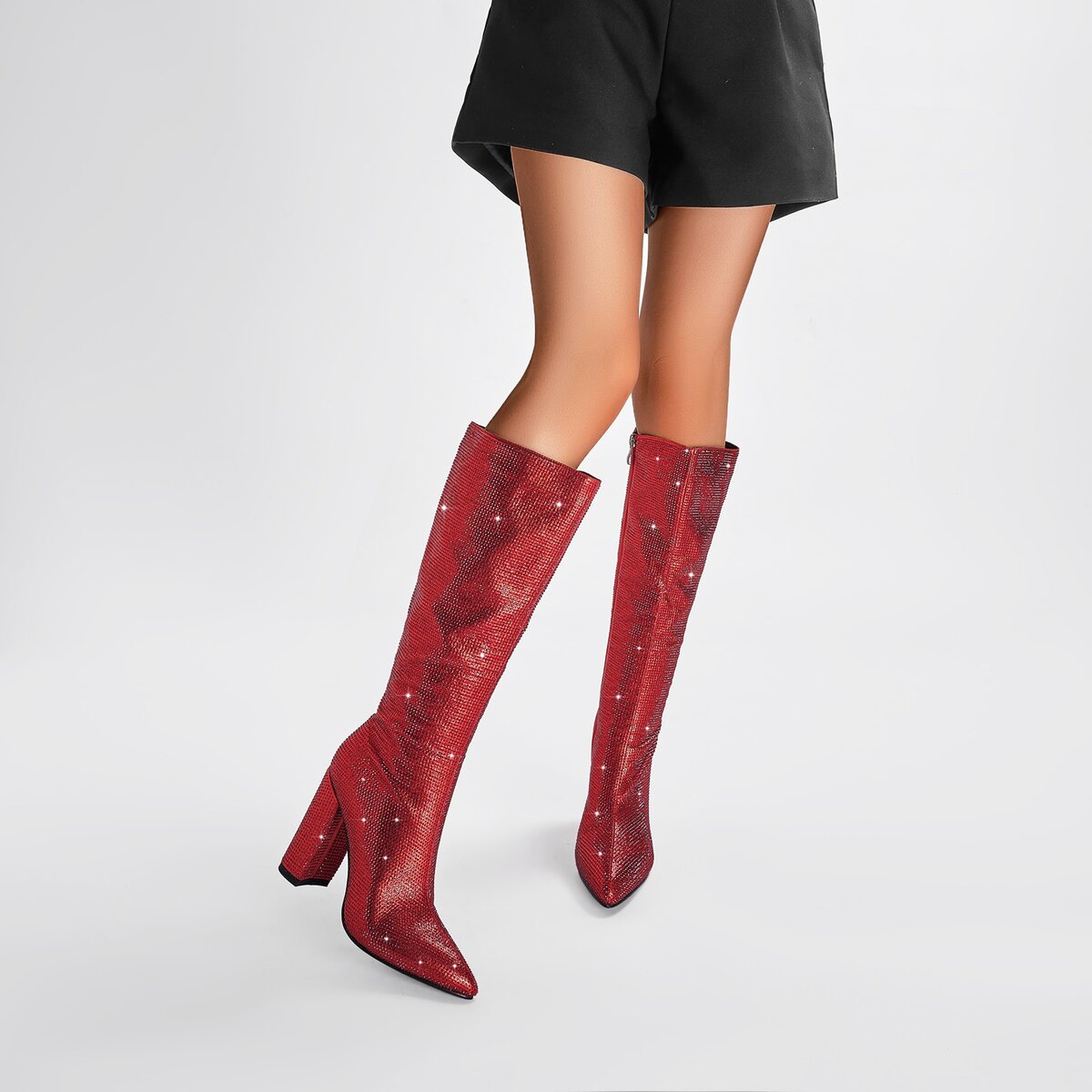 Rhinestone Embellished Pointed Toe Knee High Boots with Block Heel