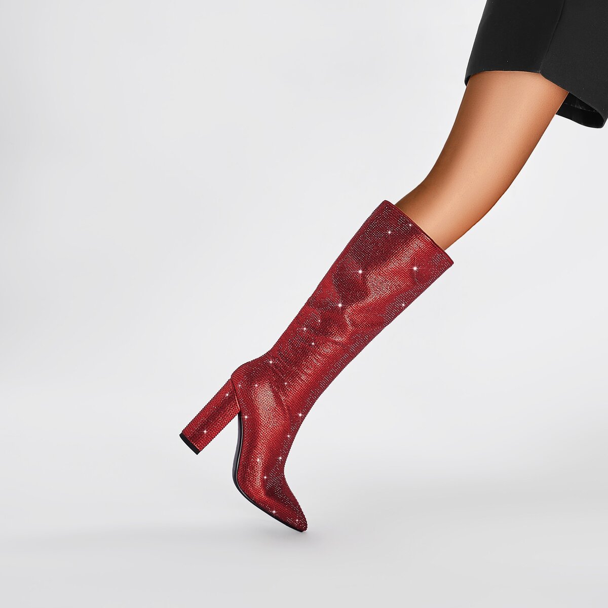 Rhinestone Embellished Pointed Toe Knee High Boots with Block Heel