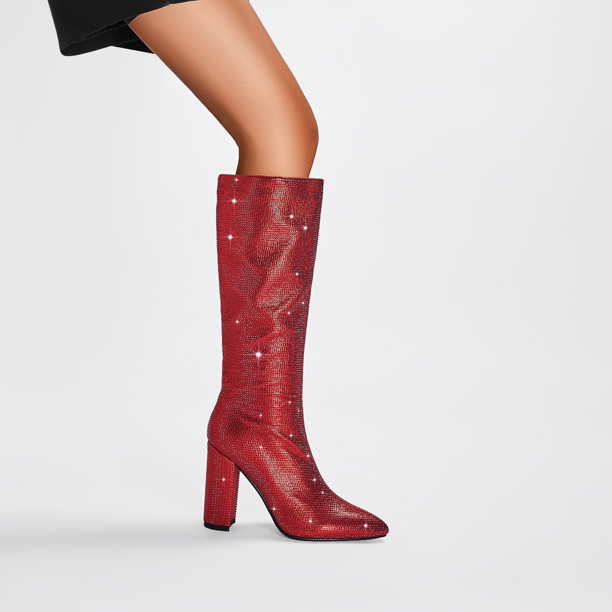 Rhinestone Embellished Pointed Toe Knee High Boots with Block Heel