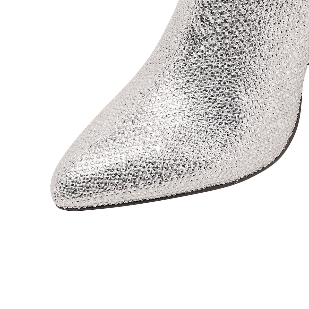 Rhinestone Embellished Pointed Toe Knee High Boots with Block Heel
