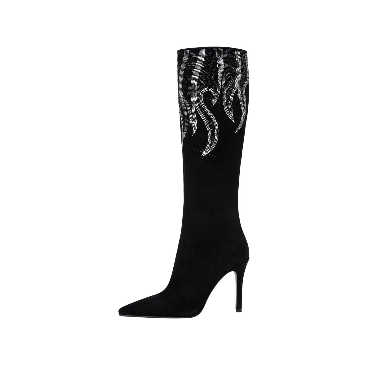 Rhinestone Flame Embellished Stiletto Knee High Boots