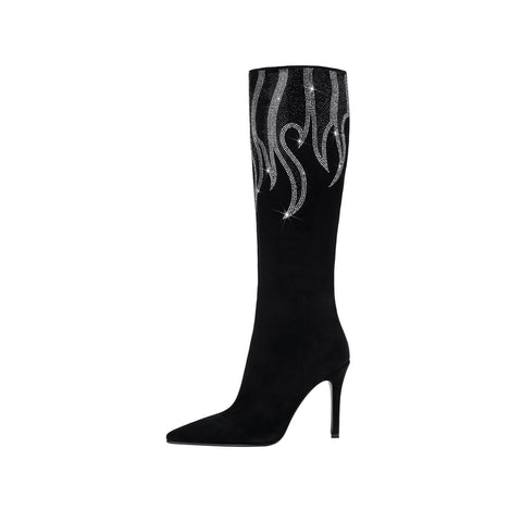 Rhinestone Flame Embellished Stiletto Knee High Boots