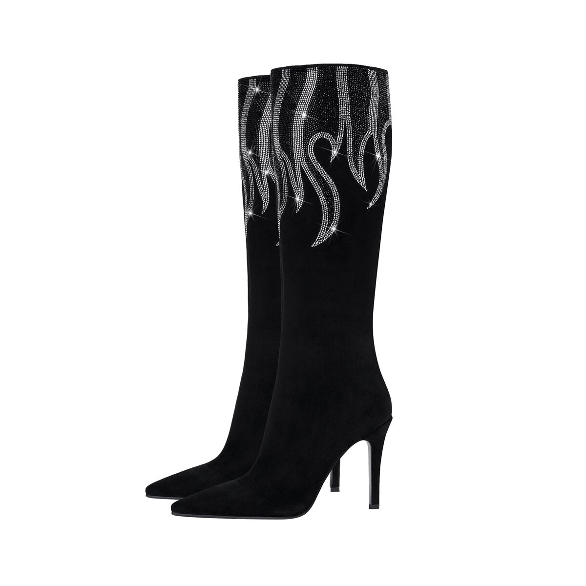 Rhinestone Flame Embellished Stiletto Knee High Boots